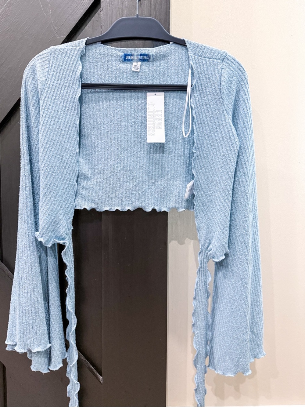 Urban Outfitters Sky Blue Ribbed Cropped Tie-Front Cardigan